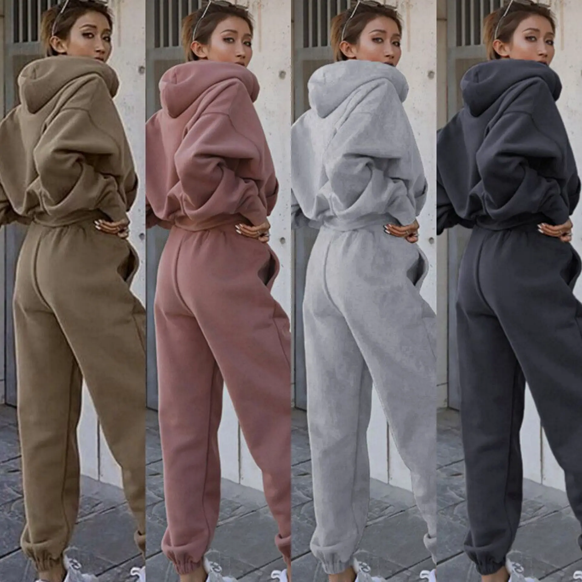 Autumn Hooded Terry Casual Solid Color Sweatshirt and Long Pants Sports Two-Piece Set OD preview