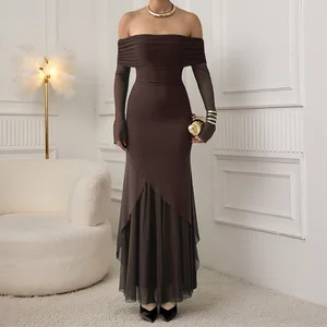 New Women's Formal Evening Gown Lace-up Splicing One-shoulder Long-sleeved Elegant Women's Evening Dress Women's Party Dress