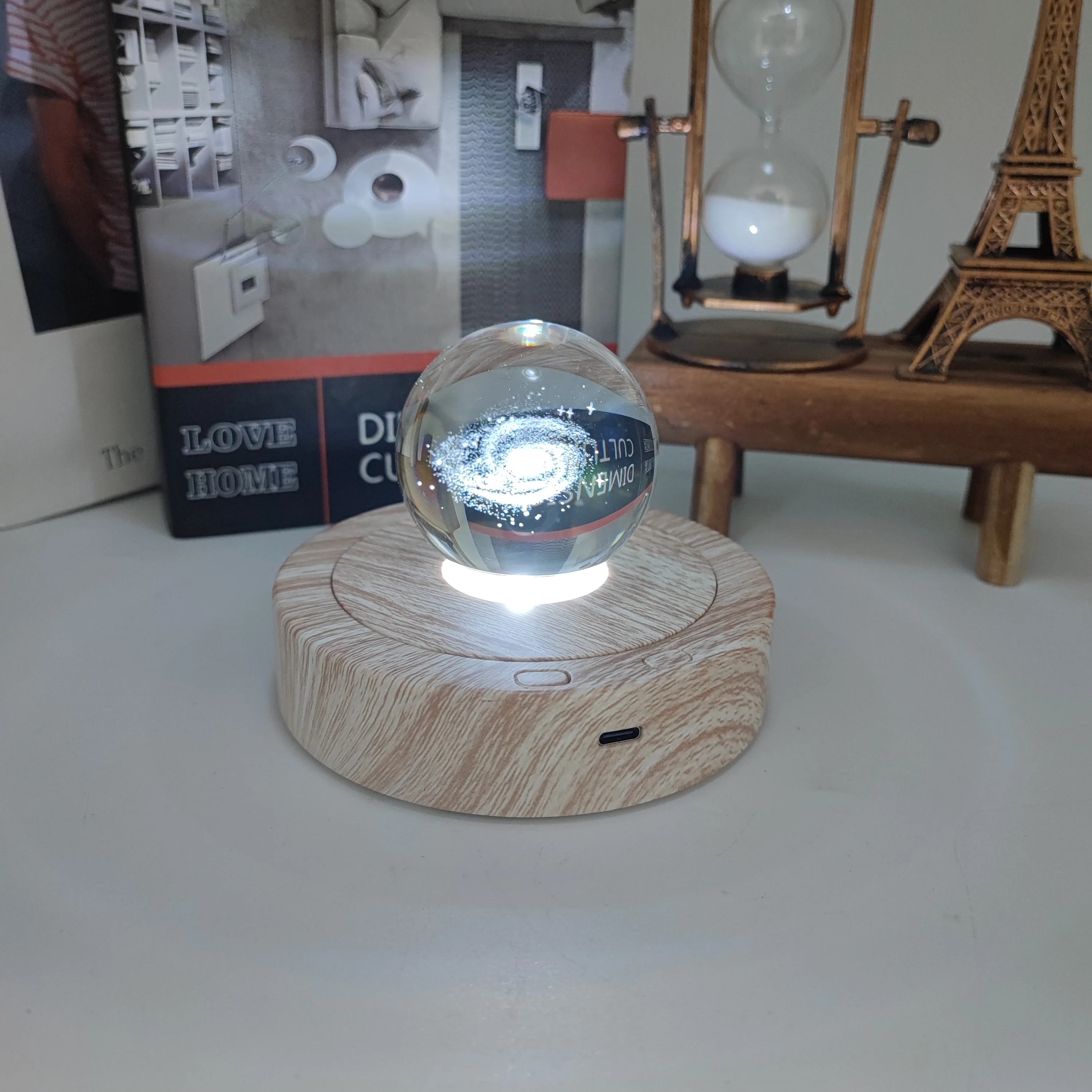 Colorful Led Base Light Rotating Wood Grain Texture Display Base Stand for Crystals Glass Art Crafts