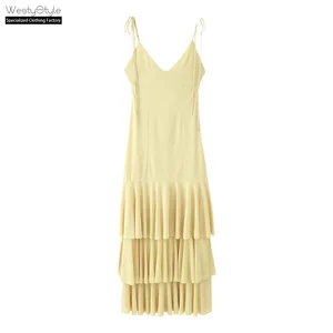 Women's  Summer Chic Vintage Midi Dress Sleeveless Lace Decorative V-Neck Casual Halter Style XS New Robe Chiffon