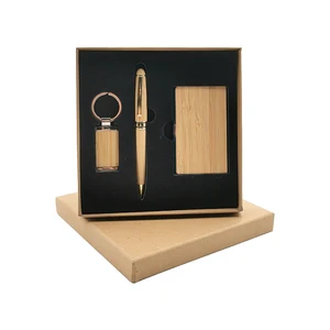 Custom LOGO Bamboo Business Gift Set Promotional Cardholder Keychain Pen for Teachers and Office Staff