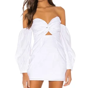 Custom Lady Summer New Fashion off Shoulder Bodycon One Piece Hot Cut Out White Ruch 100% Cotton Wholesale Mini Women Dress