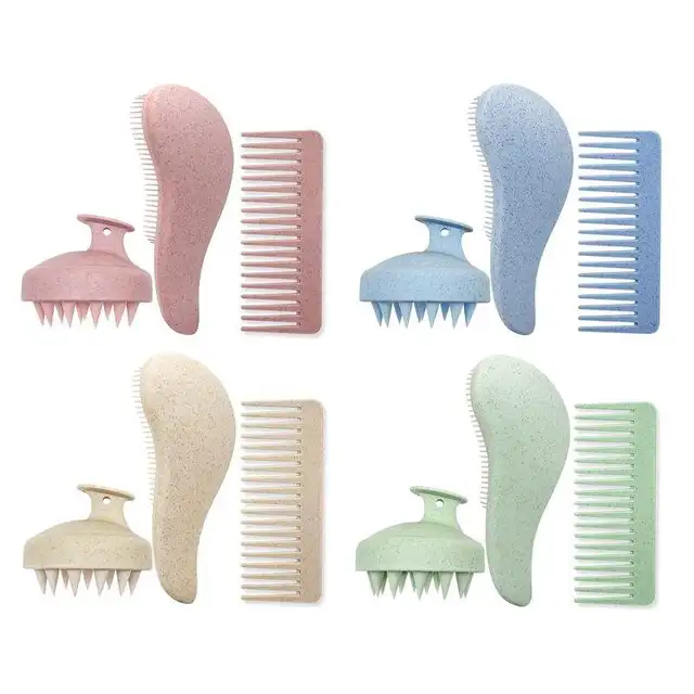 3pcs Eco-friendly Wheat Straw Matt Detangler Most Popular Scalp Massager Shampoo Brush Wide Tooth Comb Sets Wet Dry Hair Brush