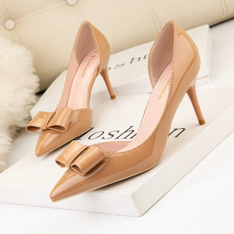 High Heels Shallow Mouth PU Leather Women's Shoes Pointed Toe Nude Single  Shoes Women Stiletto Professional Work Dress Shoes