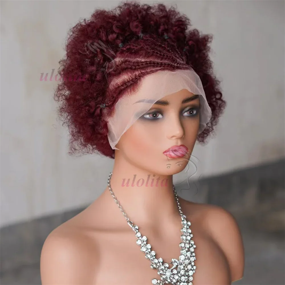 99J Bourgogne Faarf 210% Dicht Afro Kinky Curly Mënschlech Hoer Perück mat Zöpfe Bouncy Curly Bob Perück fir Fraen_voghion.com