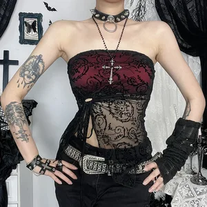 Neo Victorian Gothic Cross Embellished Sheer Lace Strapless Top Cross Chain