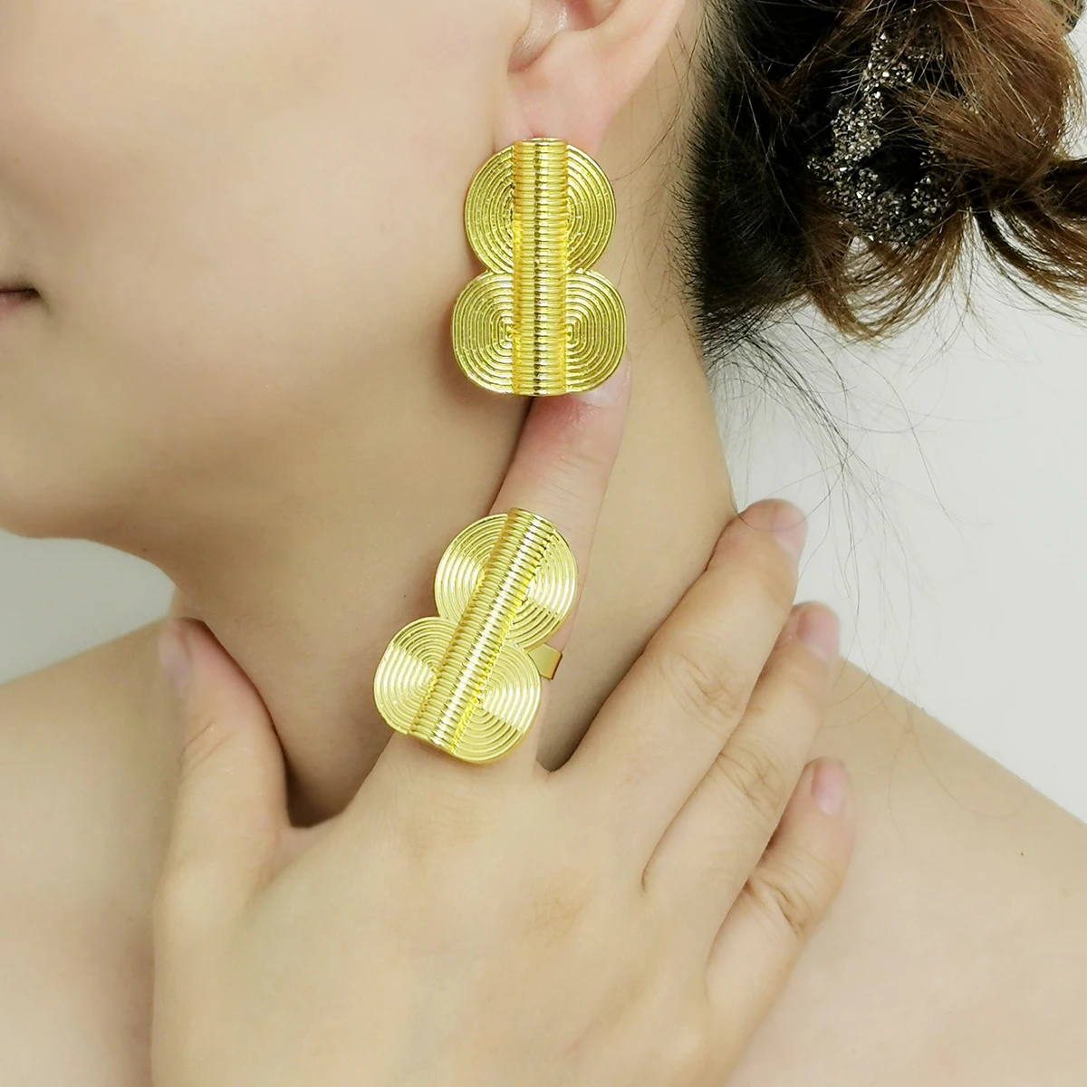 African Style Gold Color Metal Stud Earrings Ring Sets