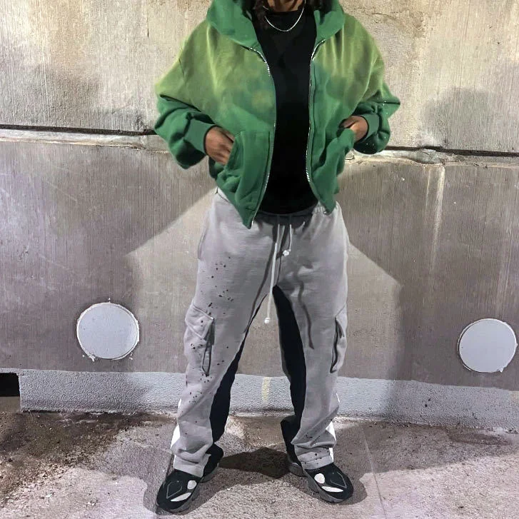 Heavyweight 100% Cotton French Terry Thick Vintage Distressed Sun Faded Boxy Fit Zip up Rhinestone Green Acid Wash Hoodie gallery 3