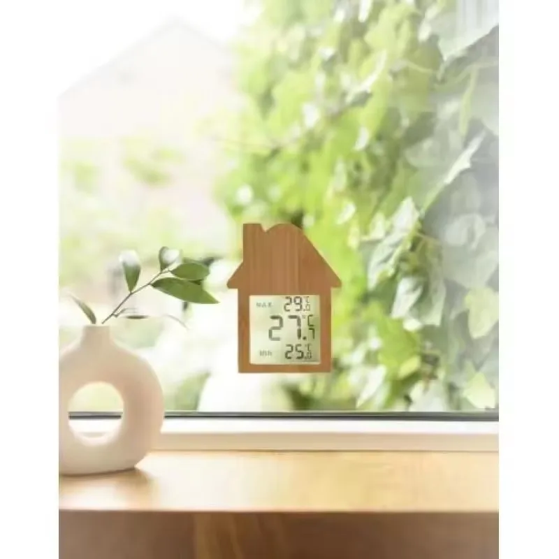 Hot Sale Product Bamboo Made House Shape Transfer LCD Display Indoor Digital Thermometer Suck on Window Clock
