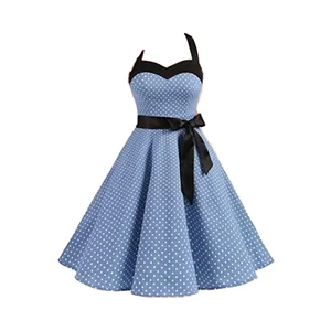 Women's Vintage Dot Lace Satin Tea-Length Dropped Waist Halter A-Line Summer Cocktail Dress Retro Holiday Party 100% Polyester