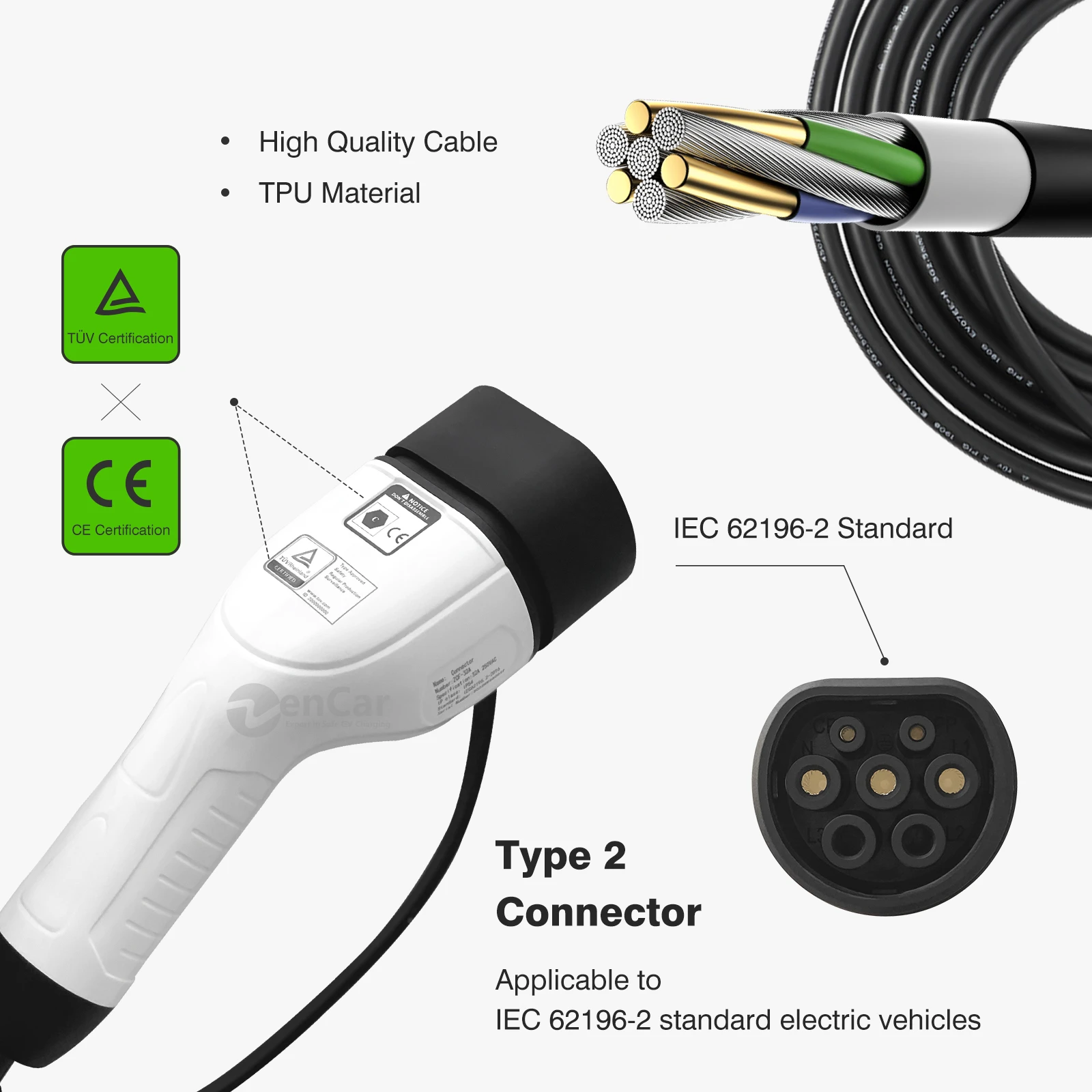 Zencar New 32a 7kw Ev Charger Cable Electric Car Ev Charging Cable Type ...