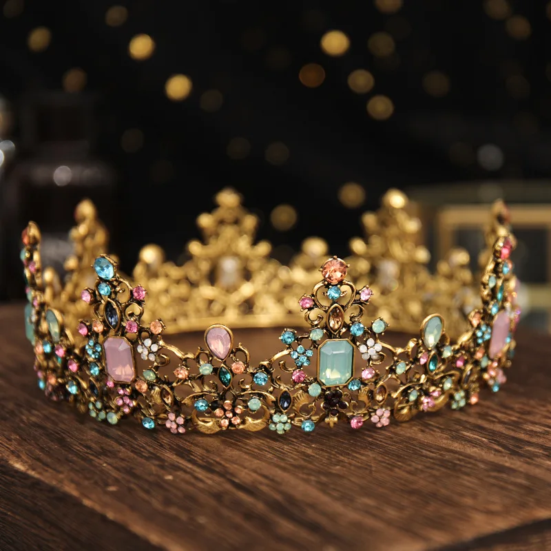 2821 Luxury Rhinestone Baroque Queen Tiaras and Crowns , Handmade Wedding Baroque Queen Crown with Colorful Rhinestones for Women  main image 3