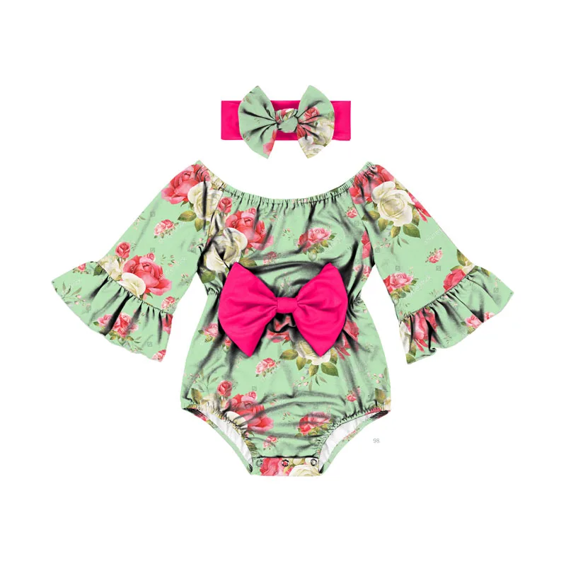 LT-076-ZXG-02 baby girl clothing Floral Soft fabric Toddlers Clothes Front bow Long Sleeeve Romper F