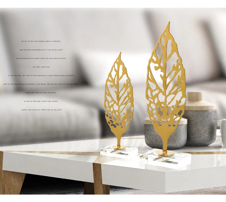 Modern Home Tabletop Leaf Statue Decor Feuille En Metal Deco Living Room Decoration Luxury Gold Metal Palm Leaf Shape Sculpture