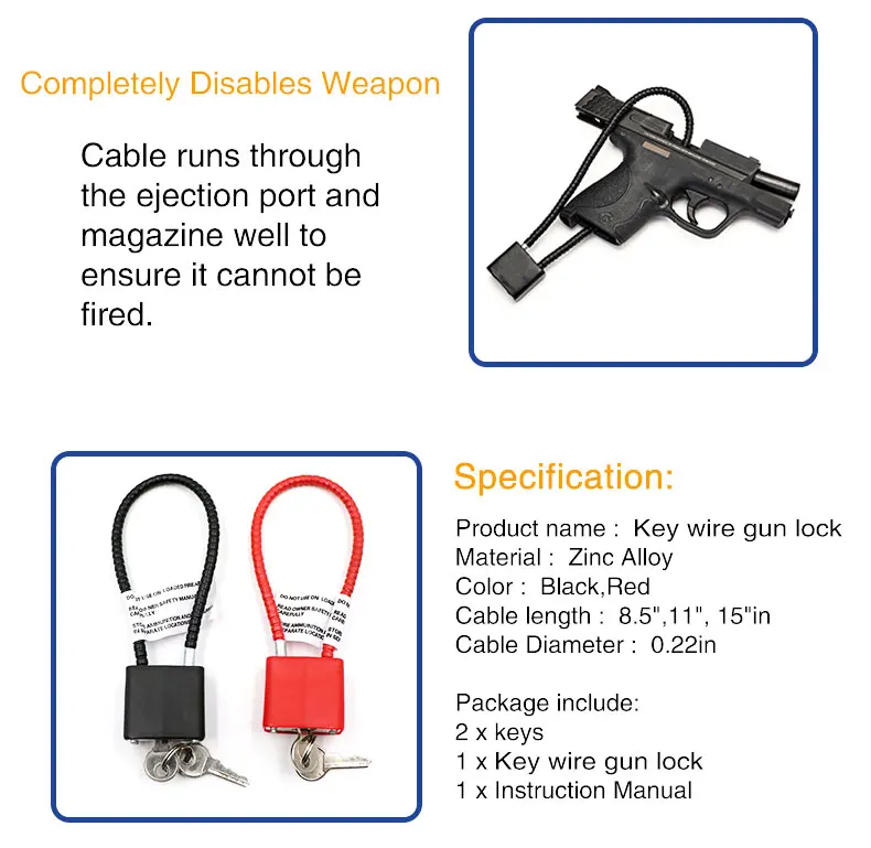15" Cable Length           Black Keyed Alike Cable Gun Lock 