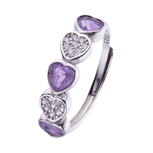 Vintage S925 Silver & Gold Plated Natural Amethyst Heart Shaped Ring with Adjustable Colored Gemstone Anti Tarnish Wedding Gift