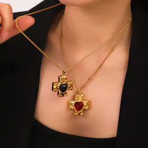 MW Vintage Waterproof Stainless Steel 18K Gold Plated Cross Heart Pendant Necklace for Women