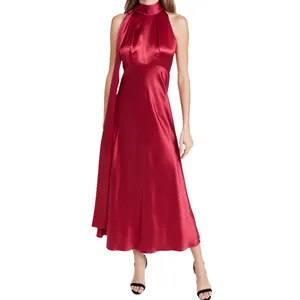 Women's Clothing Solid Color Sexy Midi Dress Halter Lady Elegant Women Evening Dresses Casual Red Satin Dress