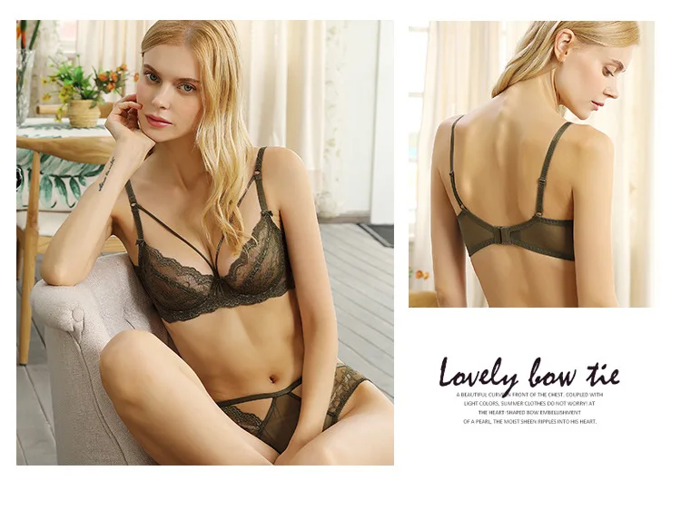 Women's Sexy Lace Ultra-Thin No Sponge Bra Set Transparent Adjusted-Straps Low-Rise Bikini Panties Logo Waist for Large Chest