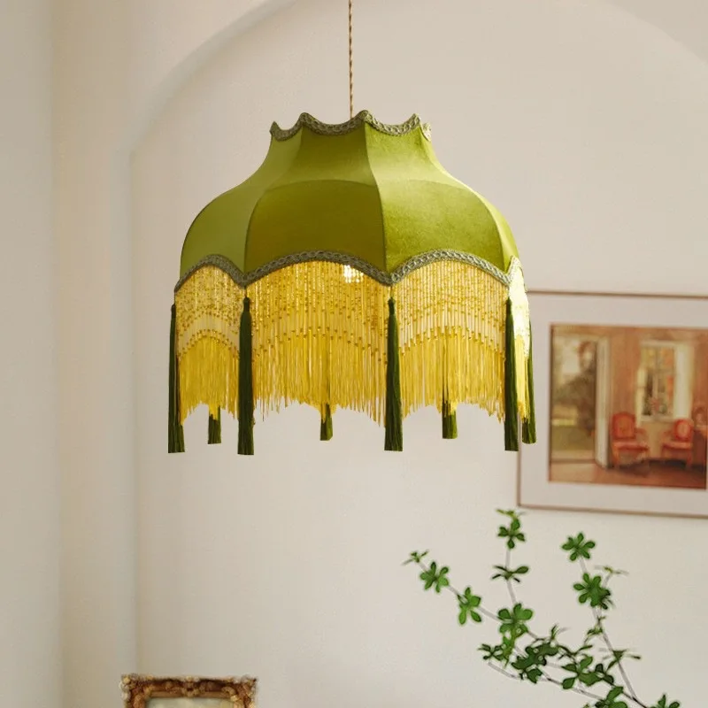 Retro Court Style Handmade Linen Tassels Pendant Lamp Hanging Fabric Lamp Shade for Home
