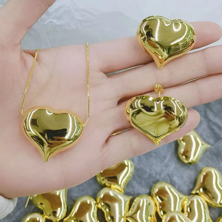 S11198 18金メッキ 3D パフハート イヤリング ネックレス ジュエリー