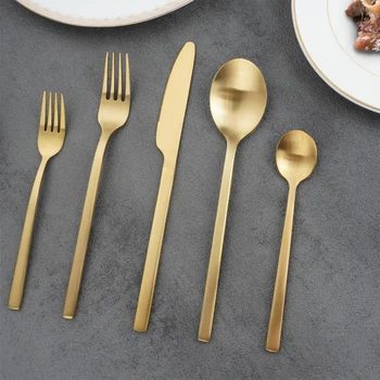 QZQ Modern Luxury Wedding Kitchen Knife Spoon Fork Stainless Steel Gold Flatware Matte Silverware Cutlery Set