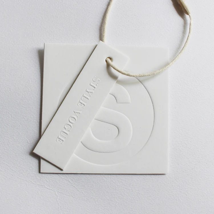 Custom Luxury Design Printing Name Logo Paper Garment Hangtag Labels Clothing Hang Tags Pure White Embossed Hang Tag With String