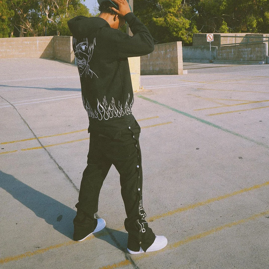 Custom Casual Screen Print Pants Rhinestone Tearaway Snap Button up French Terry Jogger Track Streetwear Mens Stacked Sweatpants gallery 3