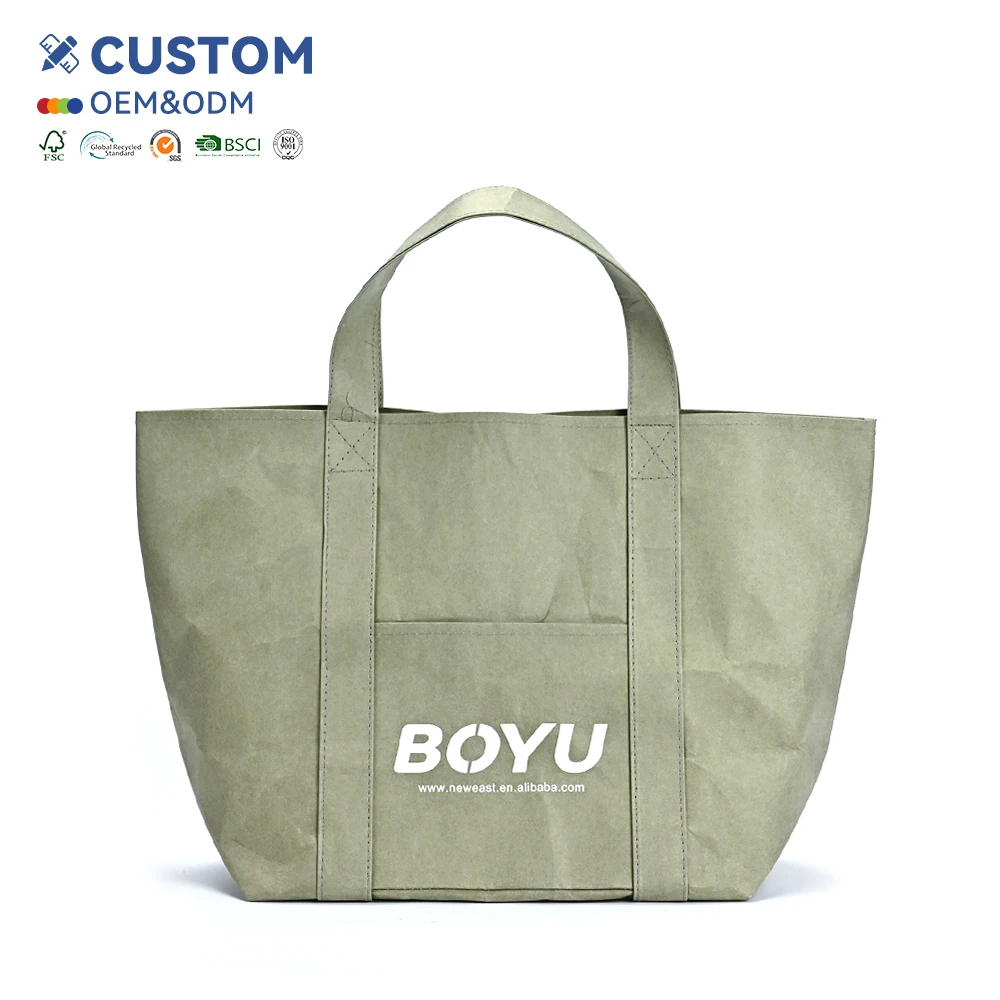 Dupont Medium Daily Use Paper Tote Bag Single Shoulder Handbag Washable Kraft Cotton Linen Lining Durable Natural Ecobags Letter supplier