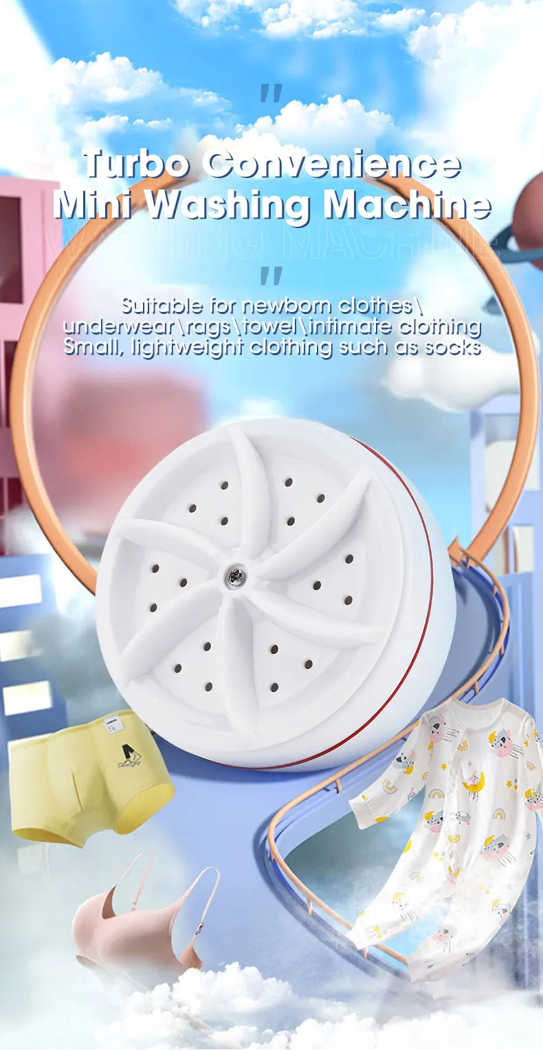 2-in-1 Mini Washing Machine: Portable rotating ultrasonic turbine washer. Compact and versatile laundry solution. Ideal for travel and small spaces.