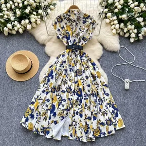 French Vintage Print Dress Women Fashion Elegant Lapel Waist Short Sleeve Shirt Casual Dress