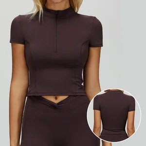 Roregal Womens Stand Collar Zipper Tight Sports Top Quick Dry Short Sleeve Fitness Crop Top Yoga T Shirt for Women
