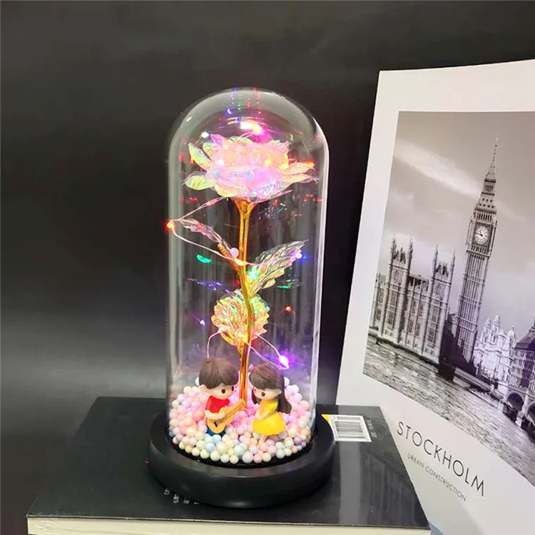 New Style Christmas Tree Toy Gold Rose Flower Doll Glass Cover Decoration Led Light Gift With Package