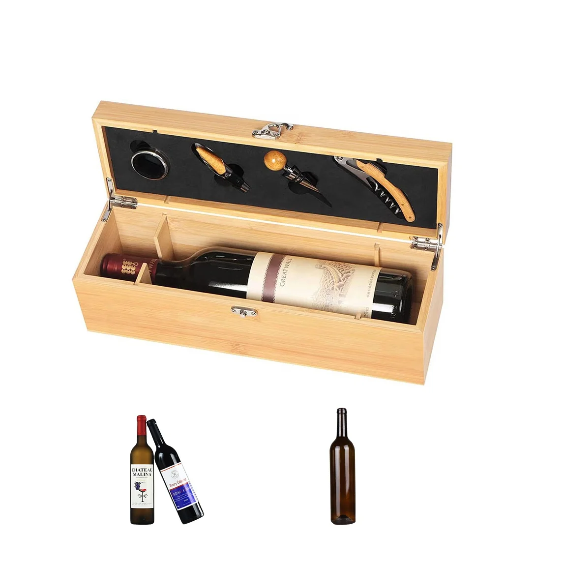 Bamboo Wooden Customization Pattern LOGO Bamboo Wood Wine Case with Tools Set Wine Storage Box Gift for Wine Lover