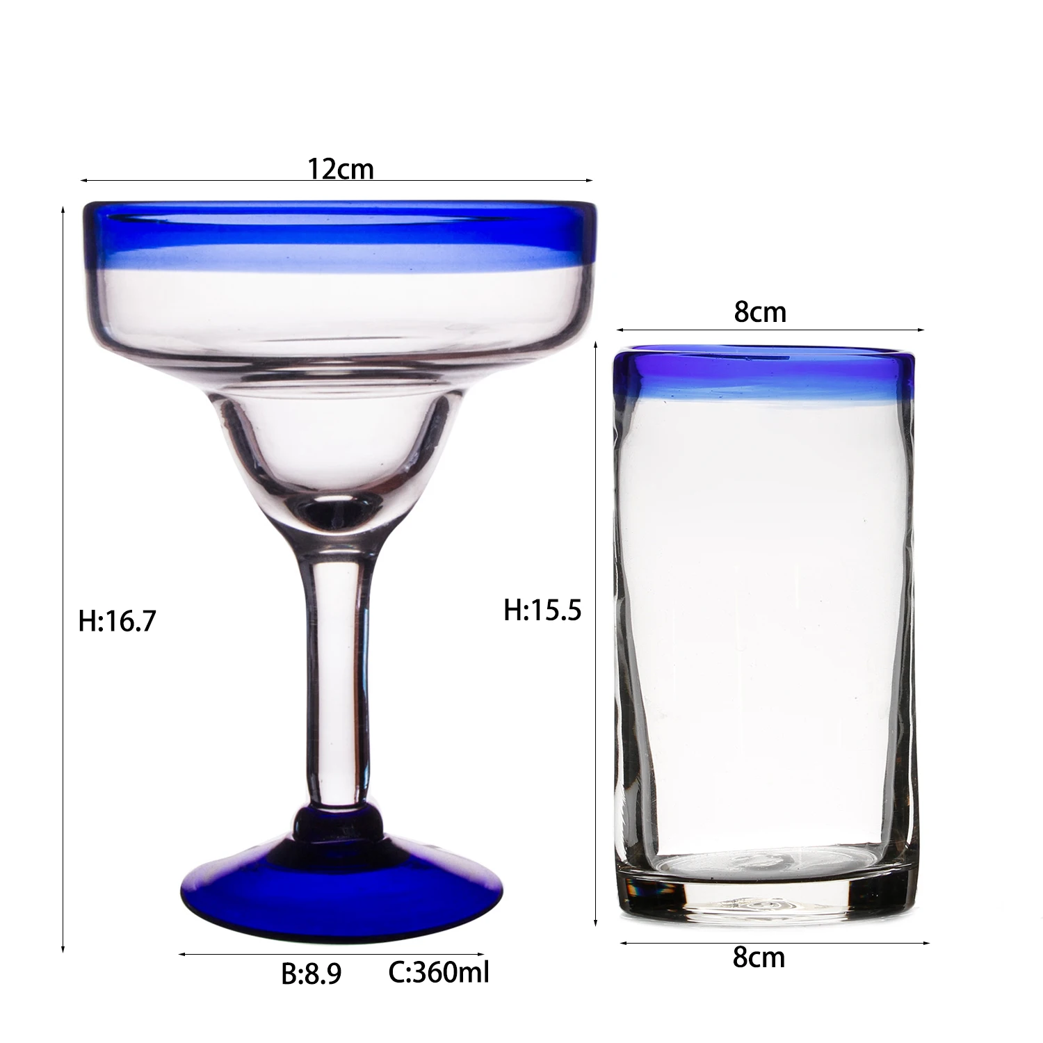 Hot Sale Fancy Mexican Glassware Blue Rim Recyclable Large Martini