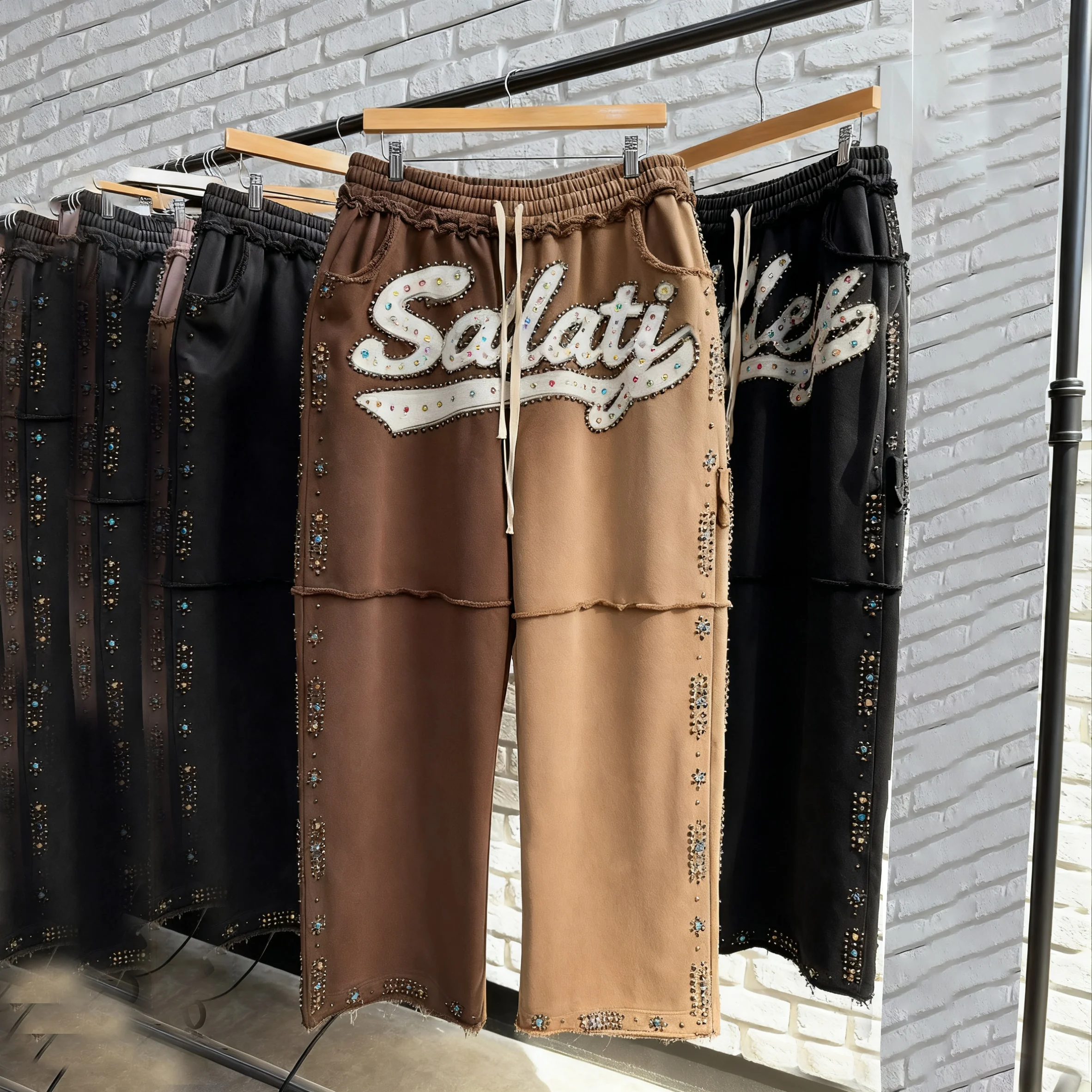 SALATI Manufacturer Custom Streetwear Rhinestone Heavy French Terry Cotton Distressed Wide Leg Casual Baggy Sweatpants for Men gallery 9