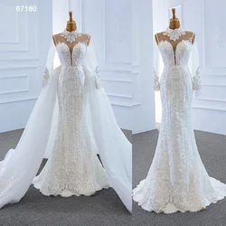 Jancember RSM67180 High Neck Quality Mermaid Lace Long Sleeve Detachable Train Wedding Dress Bridal Dress