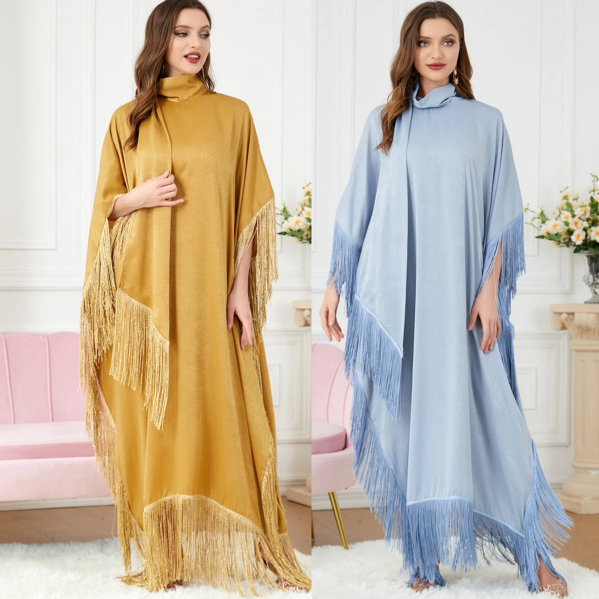 Long Sleeve Tassel Patchwork Muslim Abaya Dress For Women Dubai Abaya