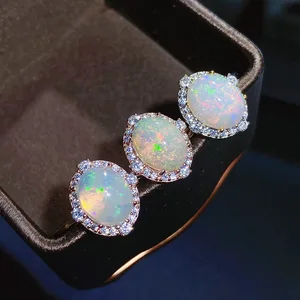 925 Silver Inlaid Natural Australian Opal Ring for Ladies 3 Karat Large Particles with Fire Color Trendy Style