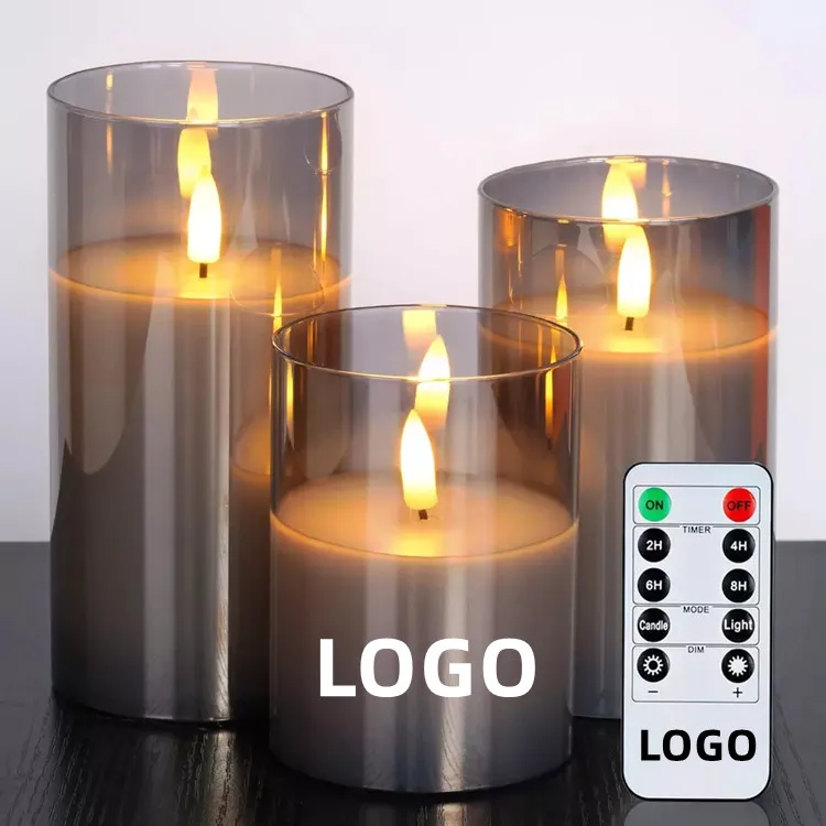 Flameless Battery Operated Glass Led Candle Light with Remote Control 3d Flame Wick Pillar Electronic Wax for Wedding Home Decor