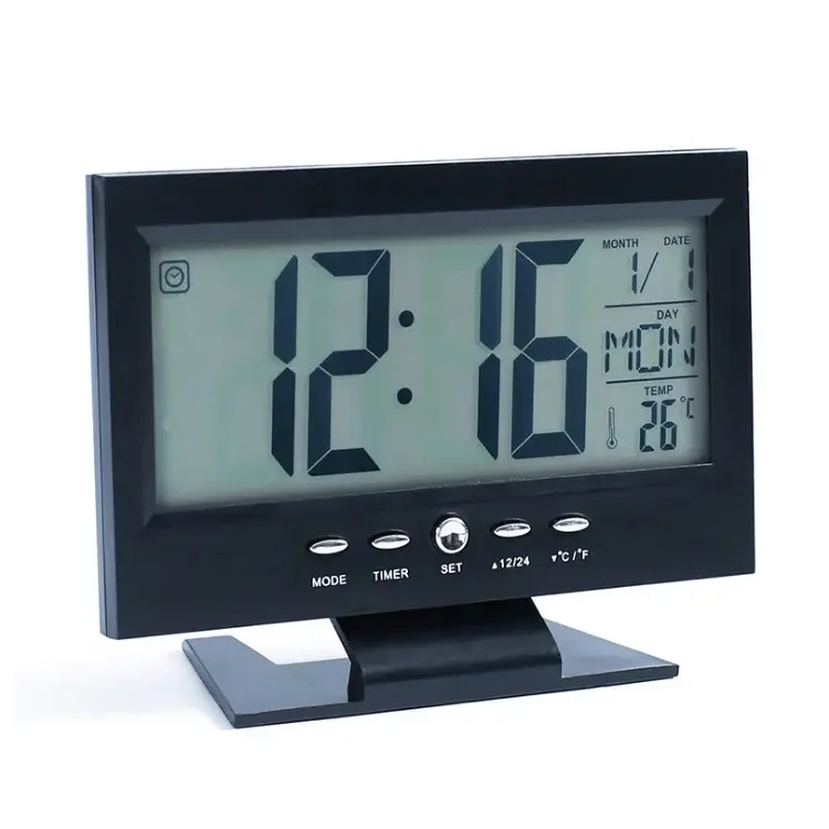 Desktop Indoor Digital LCD Electronics Alarm Clock Snooze Calendar Temperature Display Sound Activated Clock