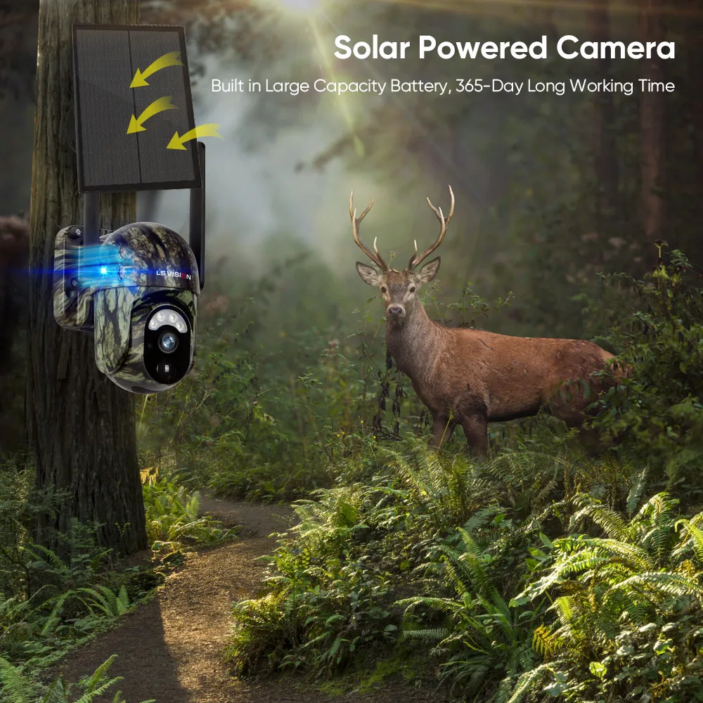 LS VISION Camouflage Hunting Trial 3MP IP PTZ Solar Powered Wireless 4G Sim Card Security CCTV Outdoor 4G Solar Camera