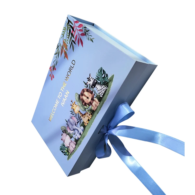 Animal Print Baby Box Gift Set Packaging Sweet Ribbon Design Embossed Carton