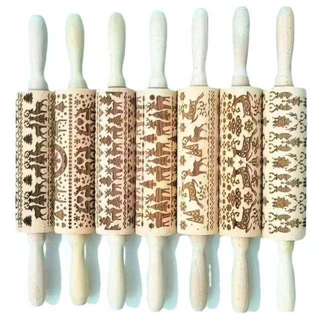 Laser Engraved Rolling Pin Dough Roller Cookie Cutters Christmas Gift Glamorous Patterns Embossing Rolling Pins