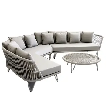 2023 New Design Outdoor Aluminum Rope Sofa Sets Rope  L Shape Combination Lounge Couch