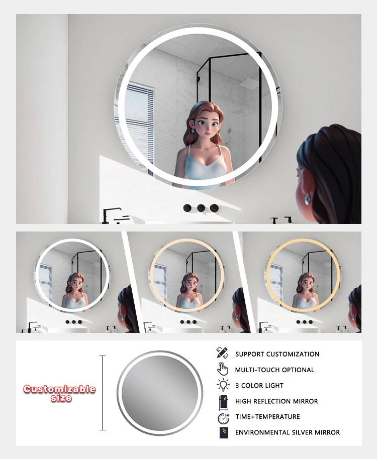 product hot selling mirror hotel bathroom vanity wall mounted circle mirror smart led bathroom mirror with light and demister-4