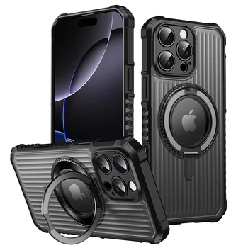 360 Rotating Metal Bracket Textured Semitransparent Matte PC with TPU Shockproof Phone case for iphone 16 Pro Max case