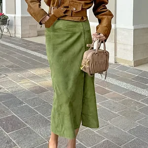 Spring Autumn Green Elegant Split Ziped Slim Mid Length Skirts Female New Fashion Women High Waisted Suede Straight Leg Skirt