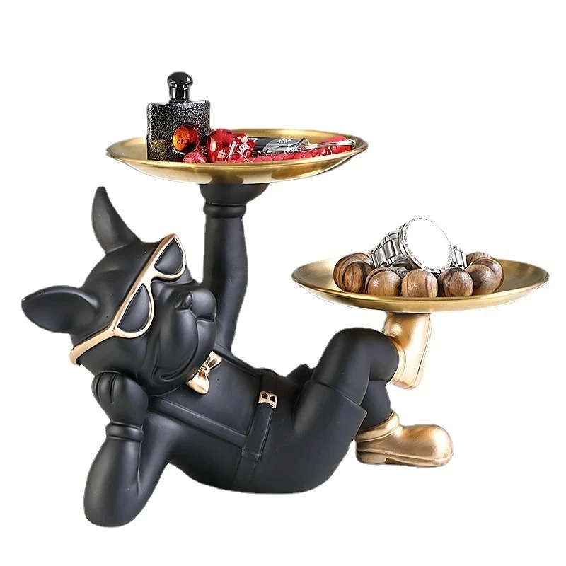 Resin Bulldog Statue with Two Storage Trays Dog Butler Home Decor Sculpture Key Dish for Entryway Table