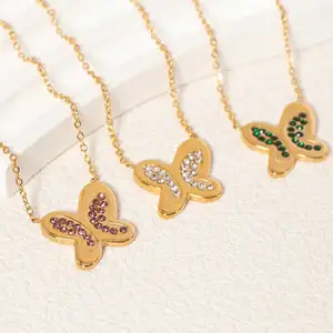 18K Gold Plated Trendy Butterfly Pendant Necklace with Link Chain Crystal Stainless Steel Charm Fashionable Jewelry for Women